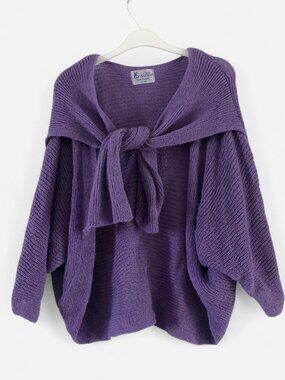 purple oversized knit sweater cardigan with bow tie front